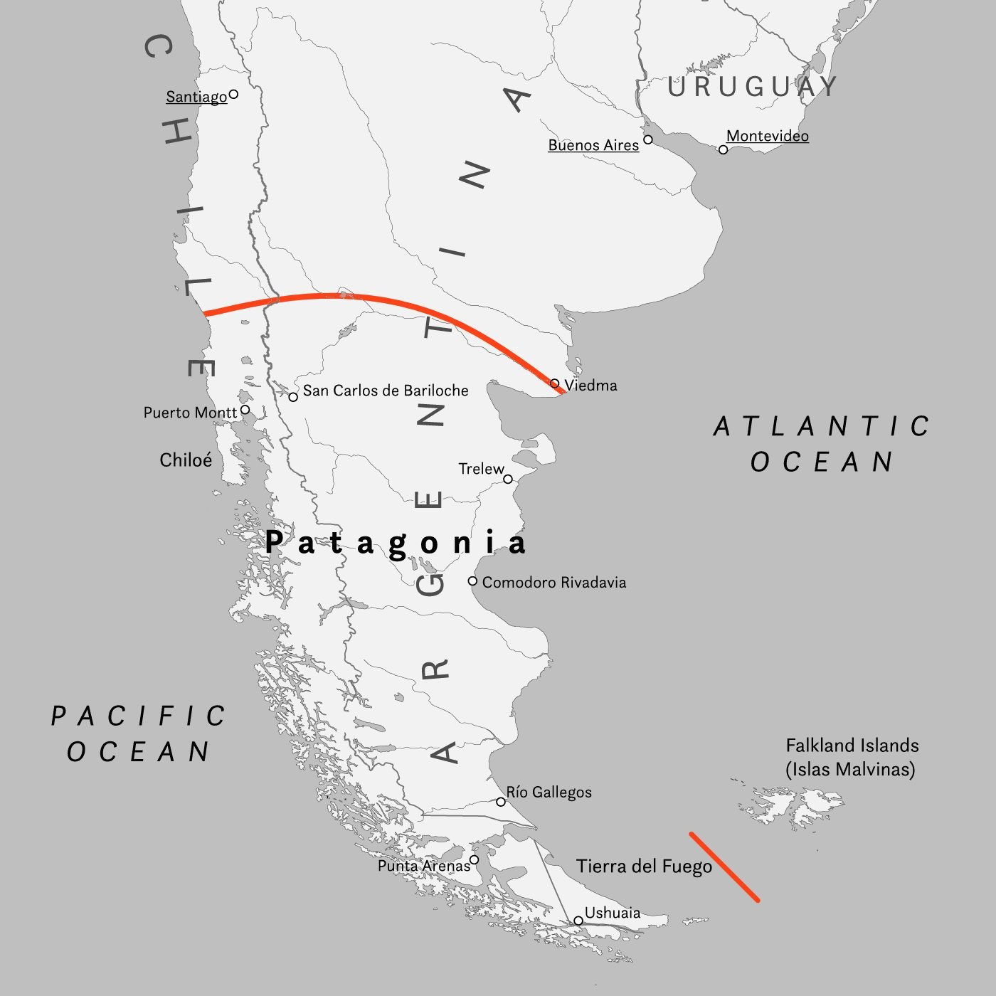 Mapa da Patagônia mostrando a região no sul da Argentina e do Chile